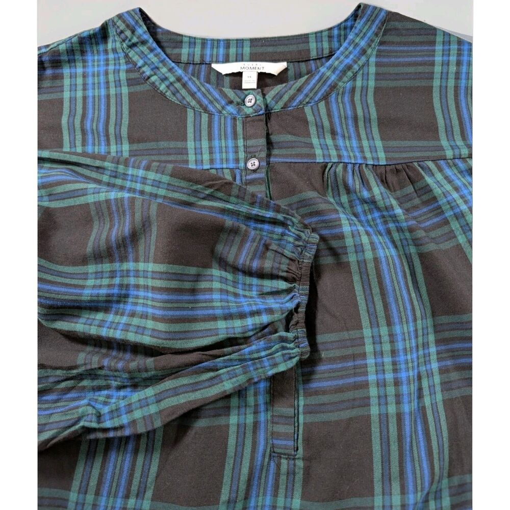 Every Moment Top Womens 1X Green Blue Plaid Flowy Swing Long Sleeve Pullover